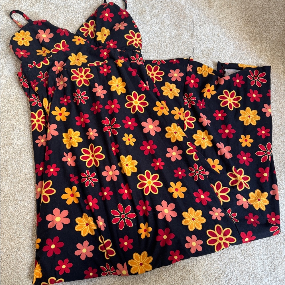 Floral Maxi Dress in Black with Red and Yellow Flowers